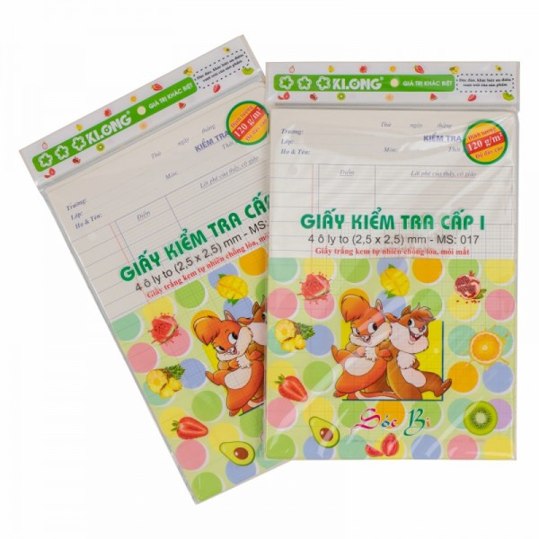 Giấy kiểm tra cấp I 4 ô ly 15 tờ kép/tập 120/76; MS: 017
