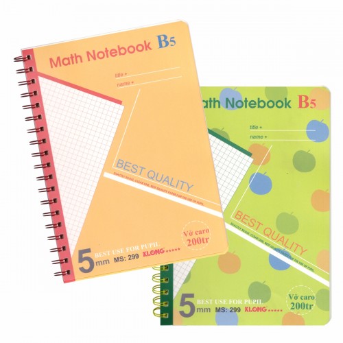 Sổ lò xo kép bìa nhựa Math Notebook Caro 200 trang B5 70/76; MS: 299