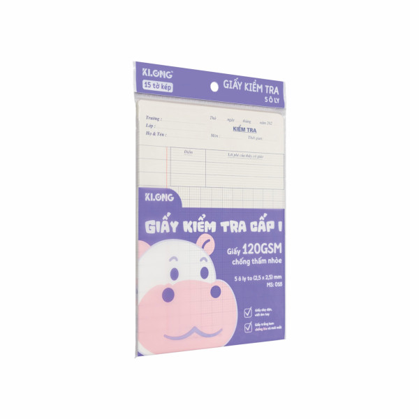 Giấy kiểm tra cấp I 5 ô ly 15 tờ kép/tập 120/76; MS: 018