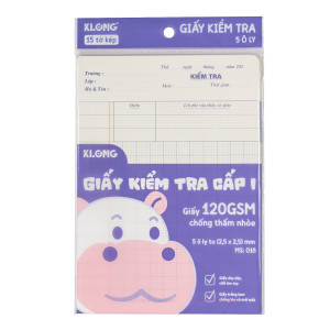 Giấy kiểm tra cấp I 5 ô ly 15 tờ kép/tập 120/76; MS: 018
